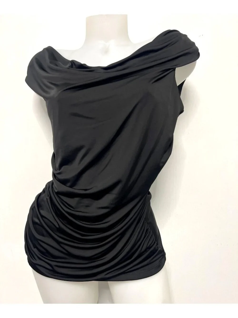 BCX Black Draped Top Open Strappy Back Blouse Women Size Large